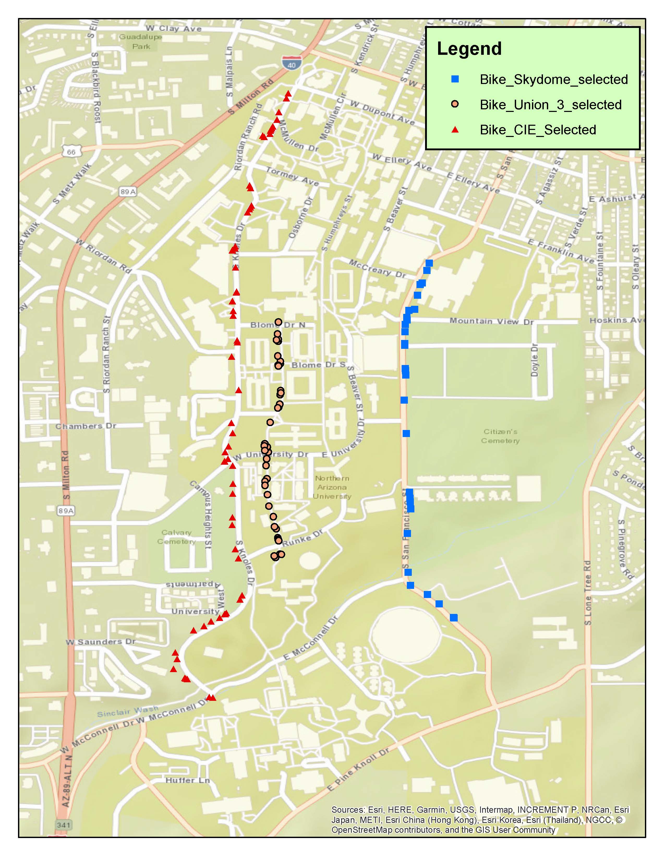 map showing three bike routes denoted by shapes: red triangles, yellow circles, and blue squares