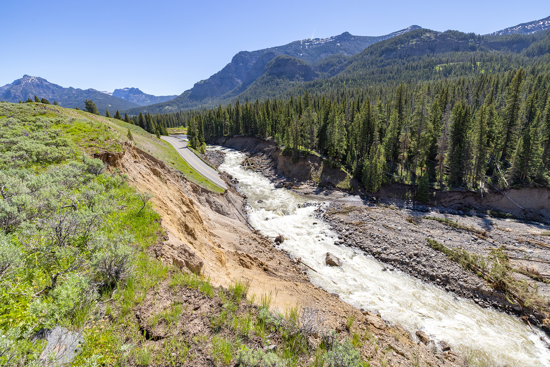 In the Yellowstone flood event of 2022, Northeast Entrance Road washed out near the Trout Lake trailhead. (Photograph courtesy of NPS / Jacob W. Frank)