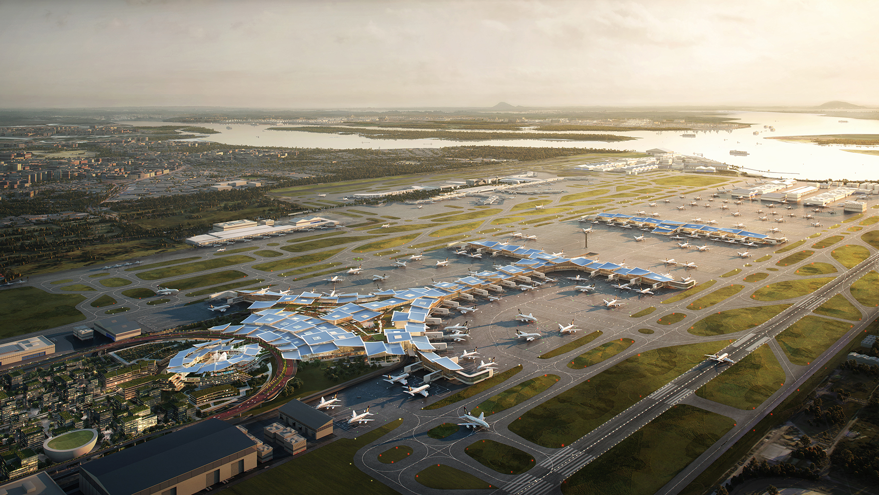 Aerial rendering of airport terminal (Rendering courtesy of Changi Airport Group)