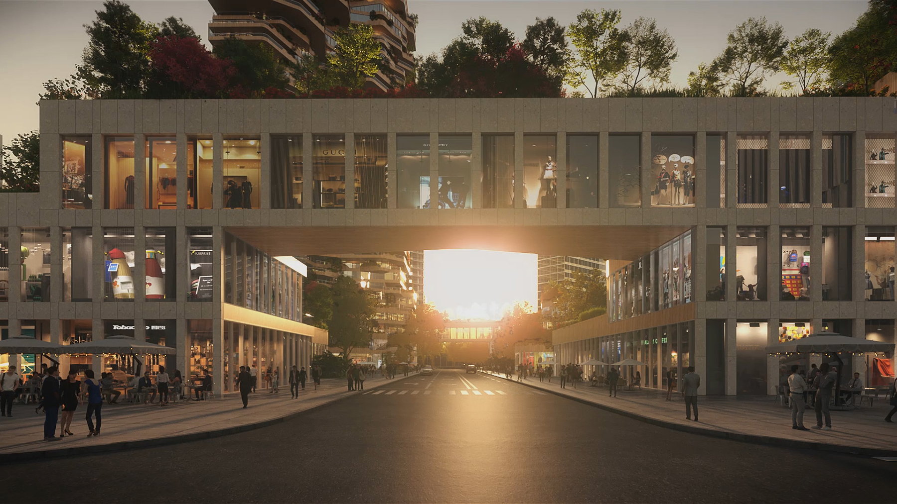 STREET EXTENDING UNDERNEATH BUILDING SECTION THAT BRIDGES BETWEEEN BOTH SIDES OF THE ROAD