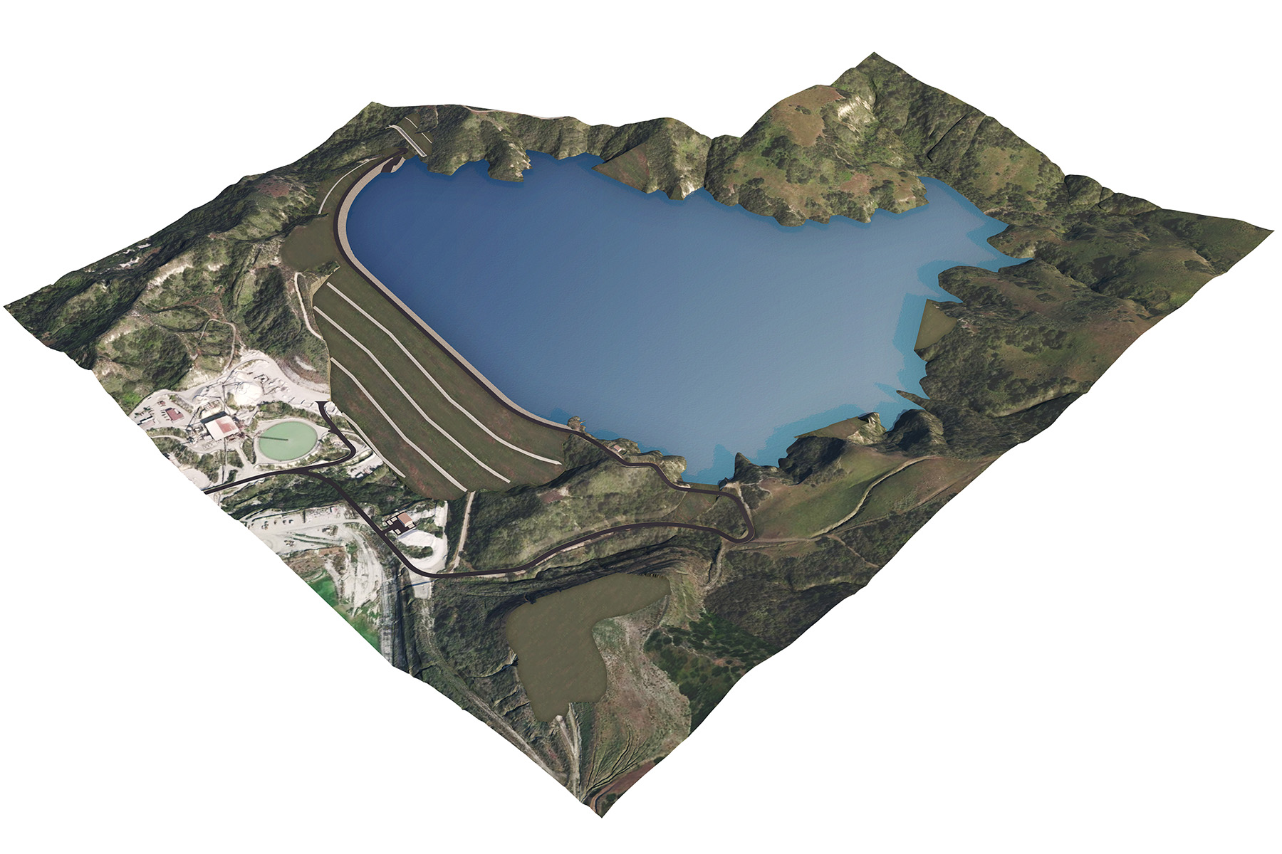 Rendering of a new dam and reservoir