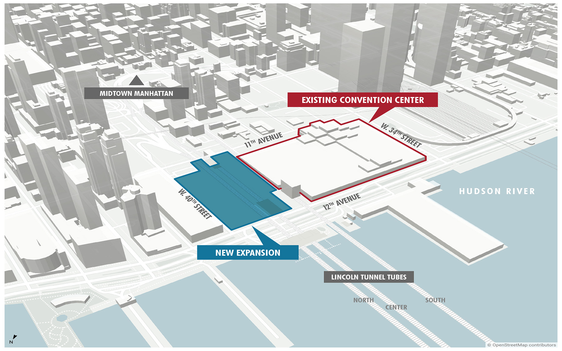 Aerial plan drawing of midtown Manhattan showing the hudson river, the Lincoln tunnel, and the existing and expanded convention centers