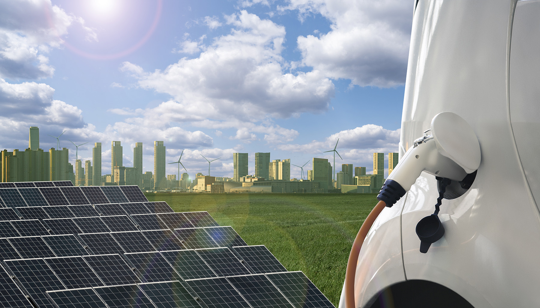 solar panels and a nozzle filling a gas tank in the foreground and a cityscape and windmills in the background