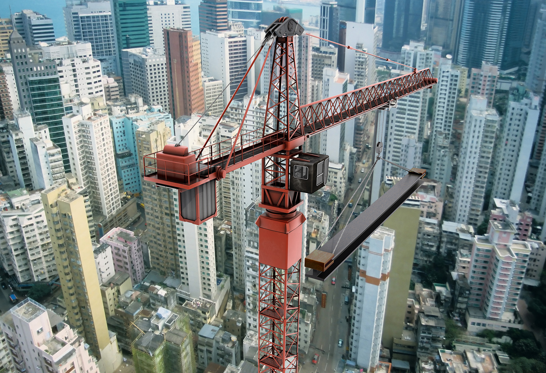 Cityscape with many high-rise buildings. A red crane arm is lifting a steel beam into place