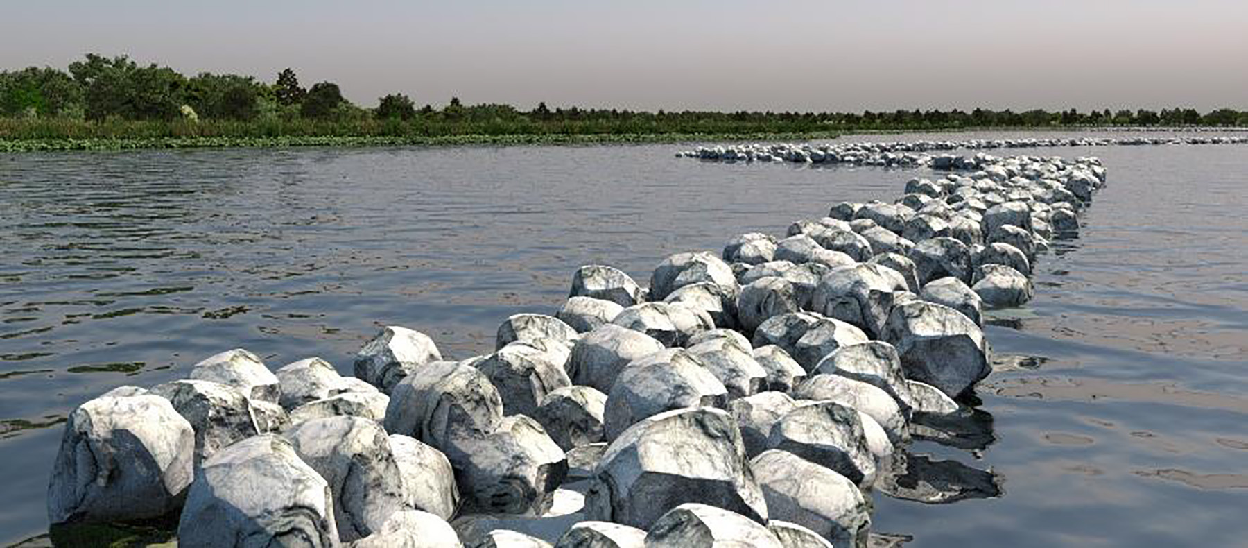 Curved rows of rocks set in water