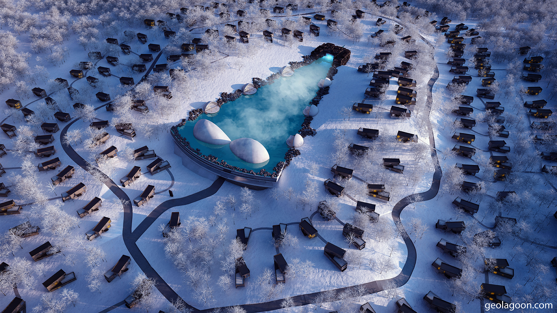 lagoon and chalets in snow