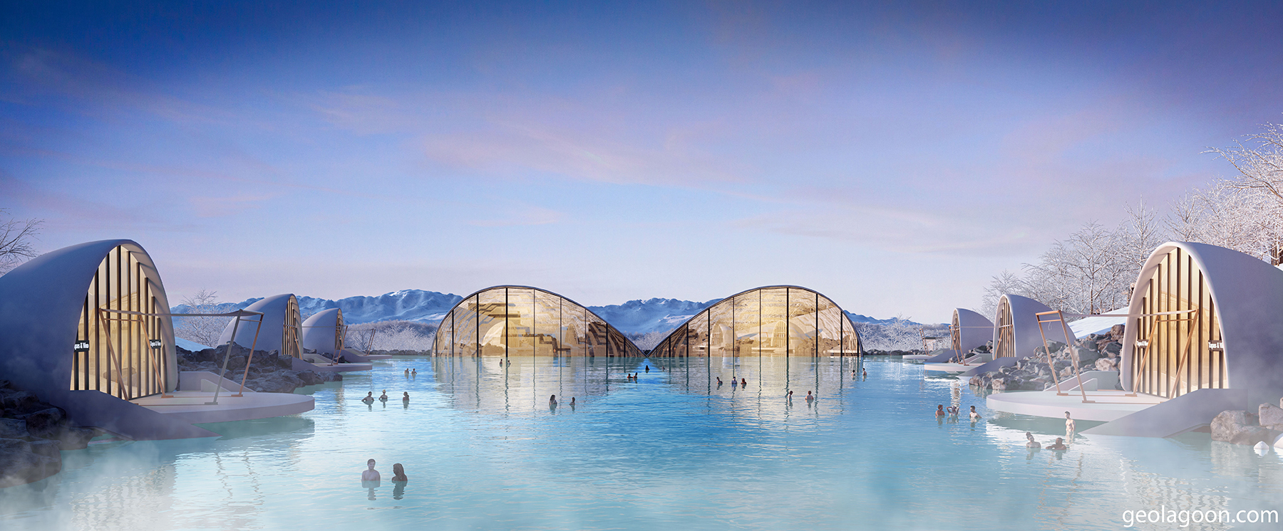 HEAT RISES OFF A GEOTHERMAL LAGOON SURRROUNDED BY LIGHT-FILLED BUILDINGS AT THE WATER'S EDGE