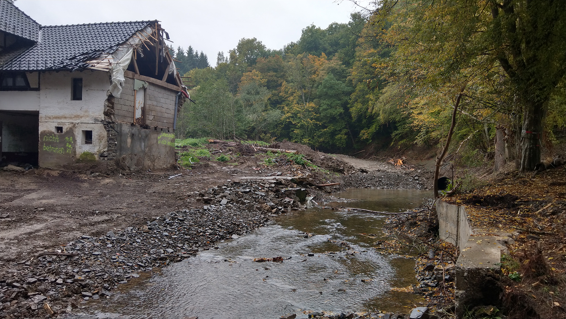 Floodwaters from the 2021 Ahr Valley flood damaged many structures, including this riverside mill in Germany. (Photograph courtesy of University of Göttingen/Michael Dietze)