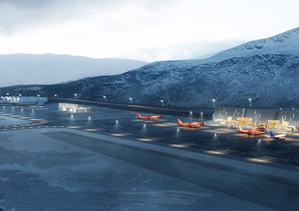 Nuuk’s international airport will feature a 2,200 m long runway, a taxiway, a new control tower, a terminal area with an apron and building plots for terminal and service buildings, and parking in the terminal area. (Rendering courtesy of ZESO Architects)