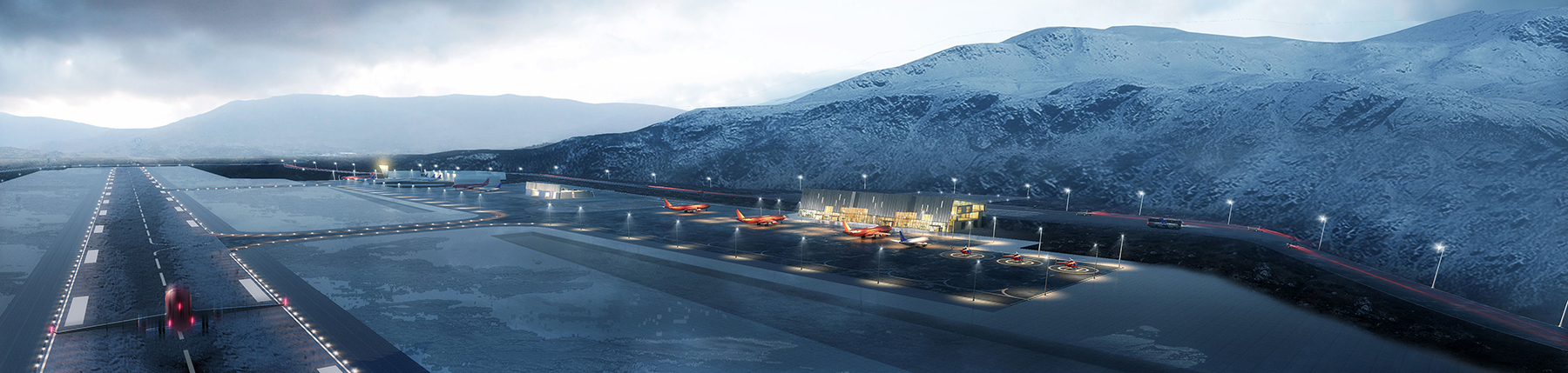 Nuuk’s international airport will feature a 2,200 m long runway, a taxiway, a new control tower, a terminal area with an apron and building plots for terminal and service buildings, and parking in the terminal area. (Rendering courtesy of ZESO Architects)