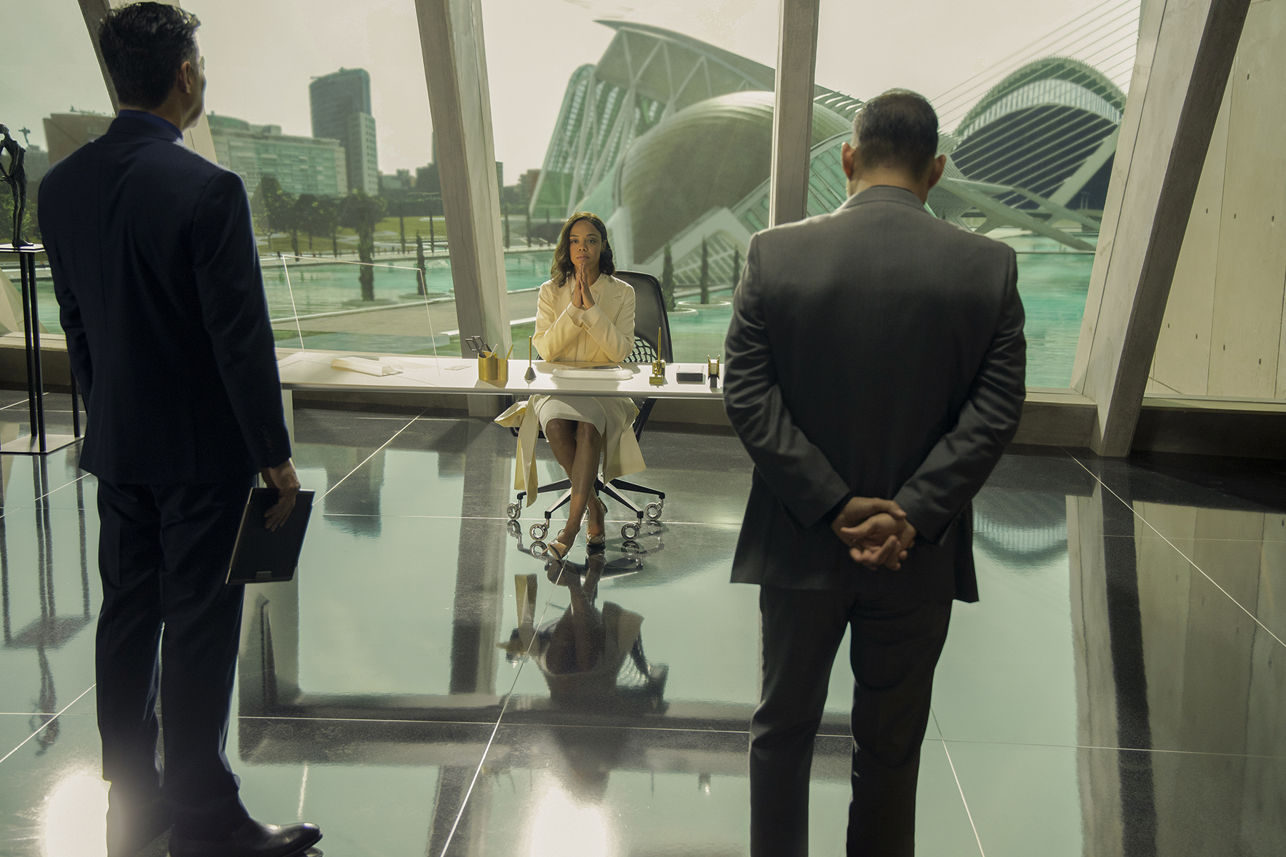 As shown above, the City of Arts and Sciences complex in Valencia, Spain, is used as the fictional headquarters for the corporation that runs the theme park in HBO’s Westworld. (Image courtesy John Johnson/HBO)