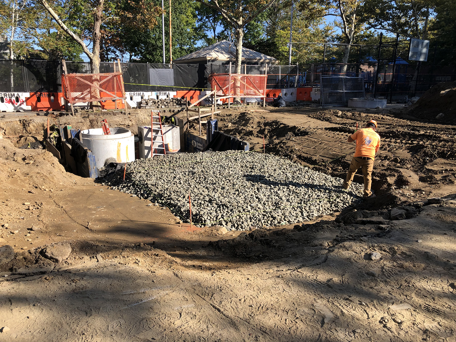 New York City’s Department of Environmental Protection wants green infrastructure on “public on-site” land, which includes city parks, playgrounds, and public housing. Large-scale stormwater detention systems, like the one Hunter Roberts Construction Group is building that will eventually be underneath a basketball court, shown, can be included in contracts. (Photograph courtesy of Hunter Roberts Construction Group)