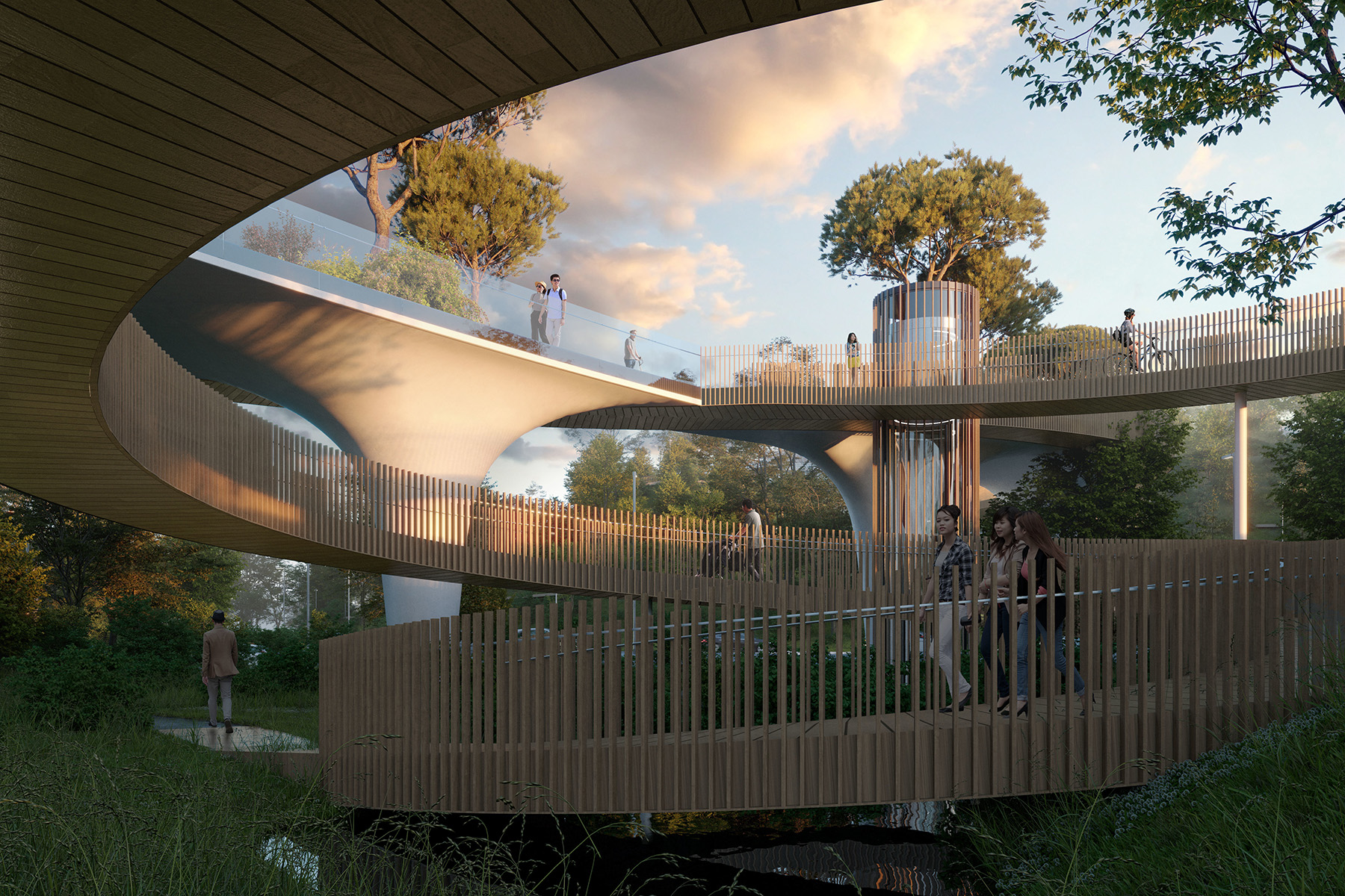 Image shows a circular path that connects to a bridge.