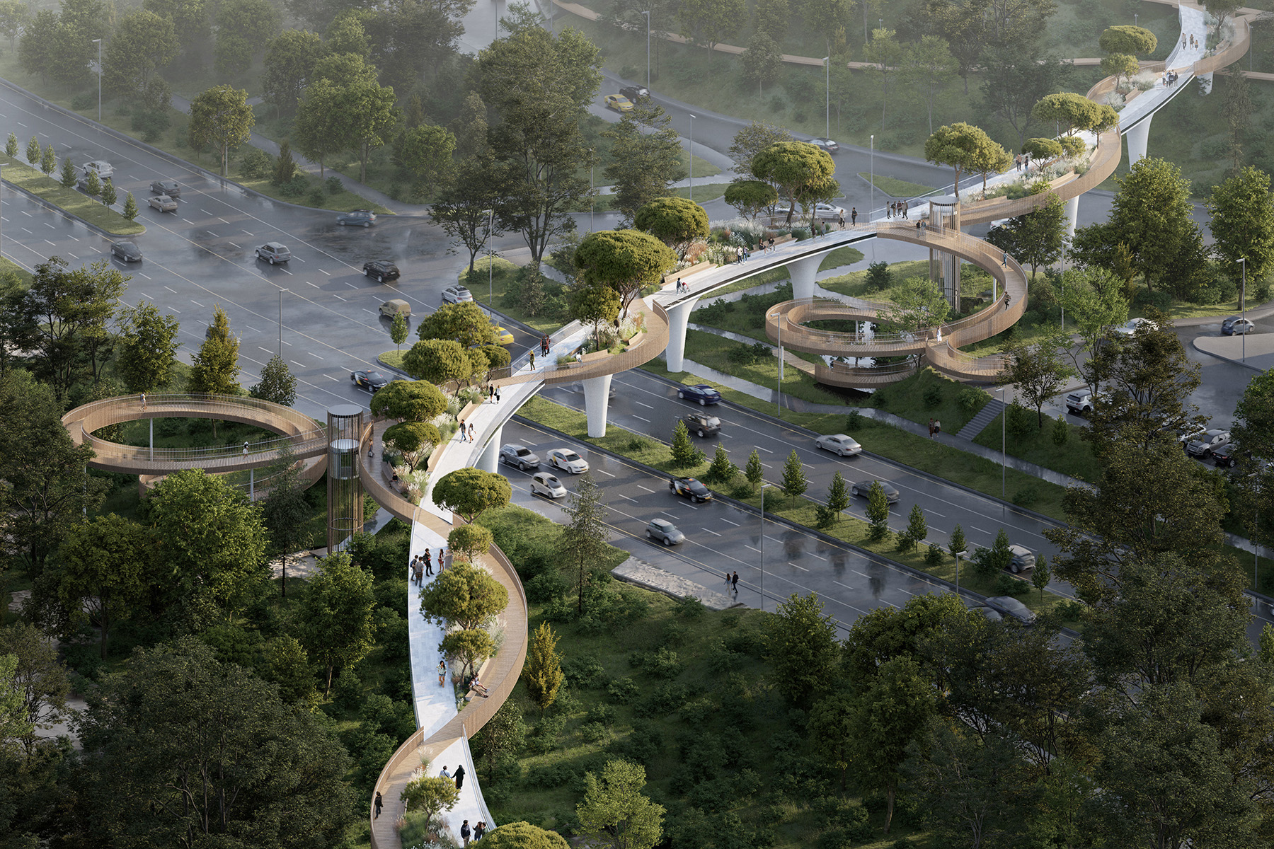 Rendering of a bridge that has several paths and loops connected to it. The bridge connects two parks. 