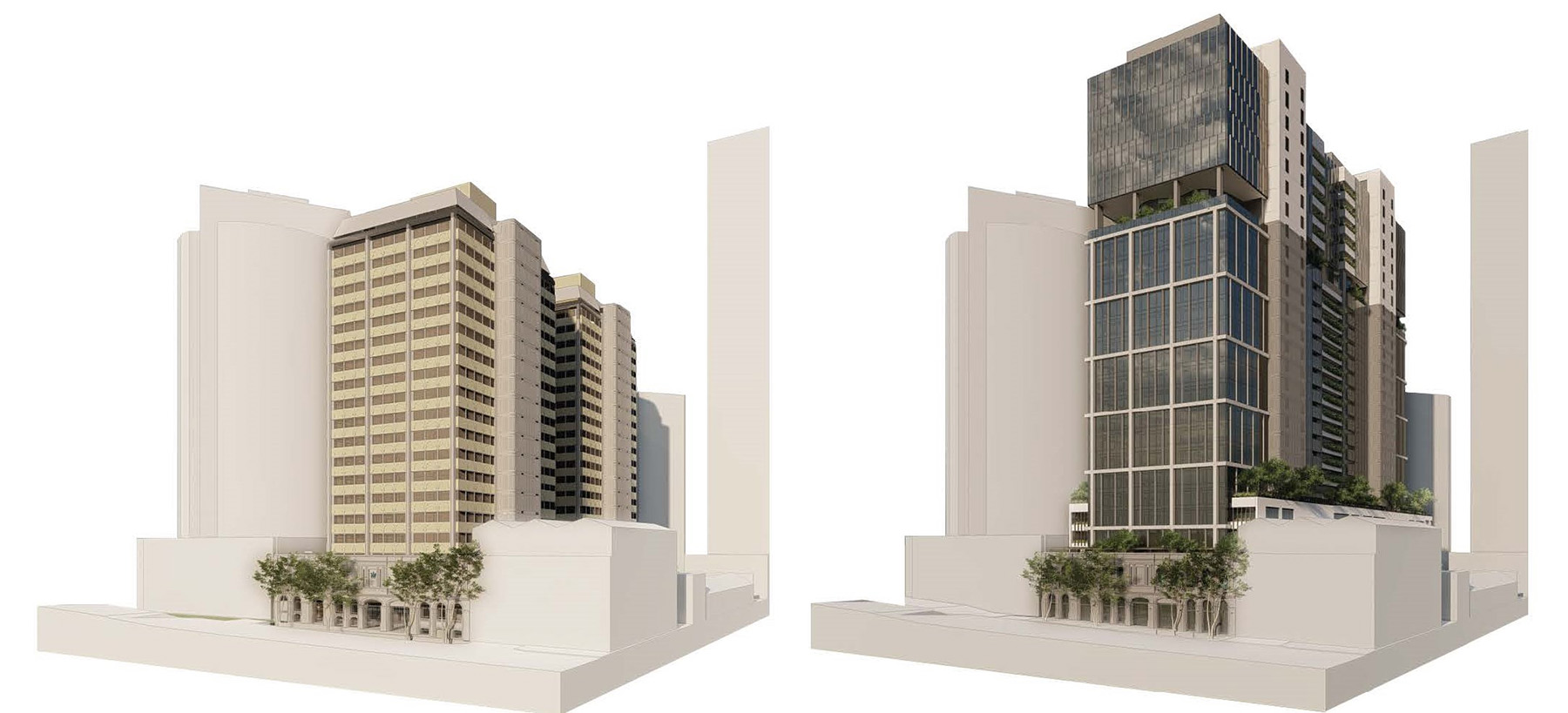 Computer model shows the result of two buildings combined into one. Several floors were also added to the top of the finished structure.