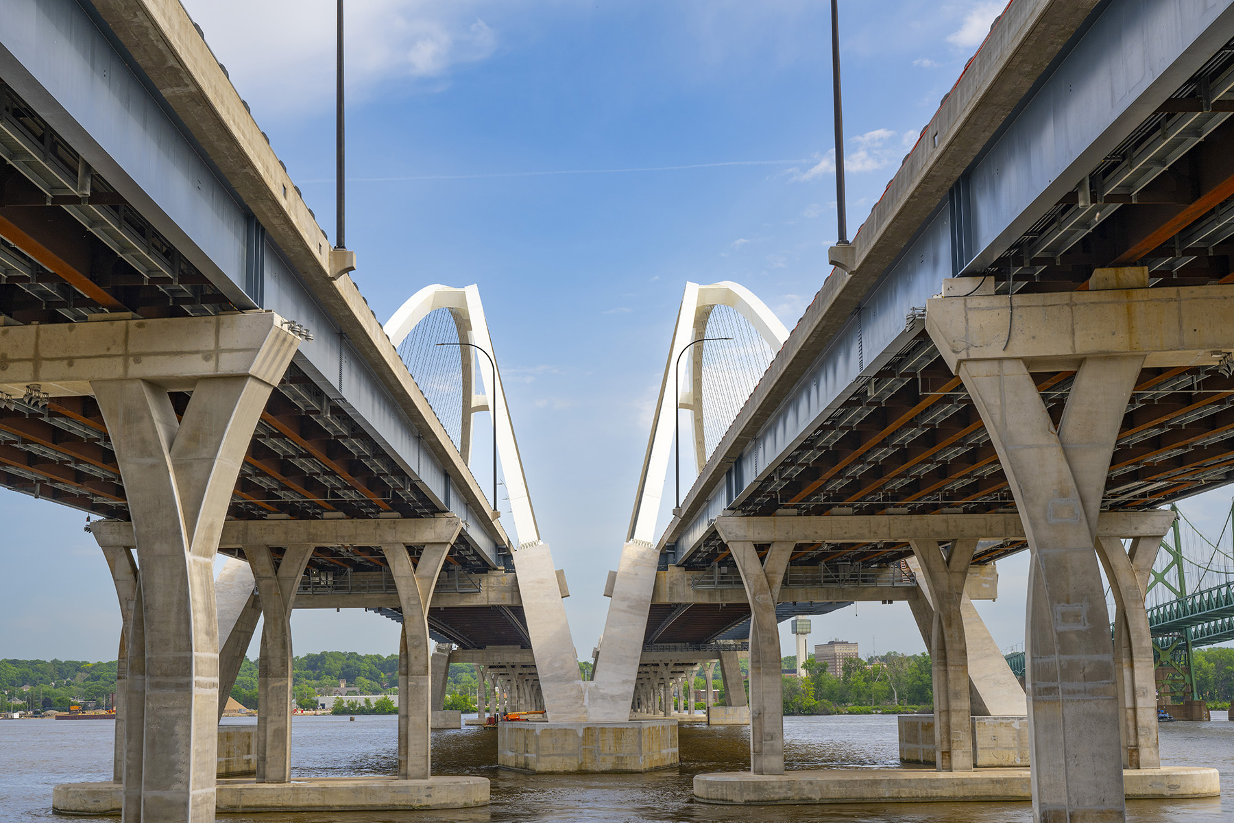 Photo shows the undersides of the twin spans of a bridge, including the piers, foundations, and decks Photograph courtesy of Modjeski and Masters