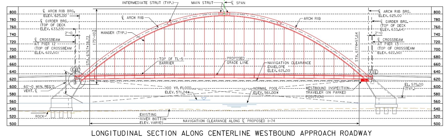 The drawing shows the detailed elevation of the westbound span of a bridge