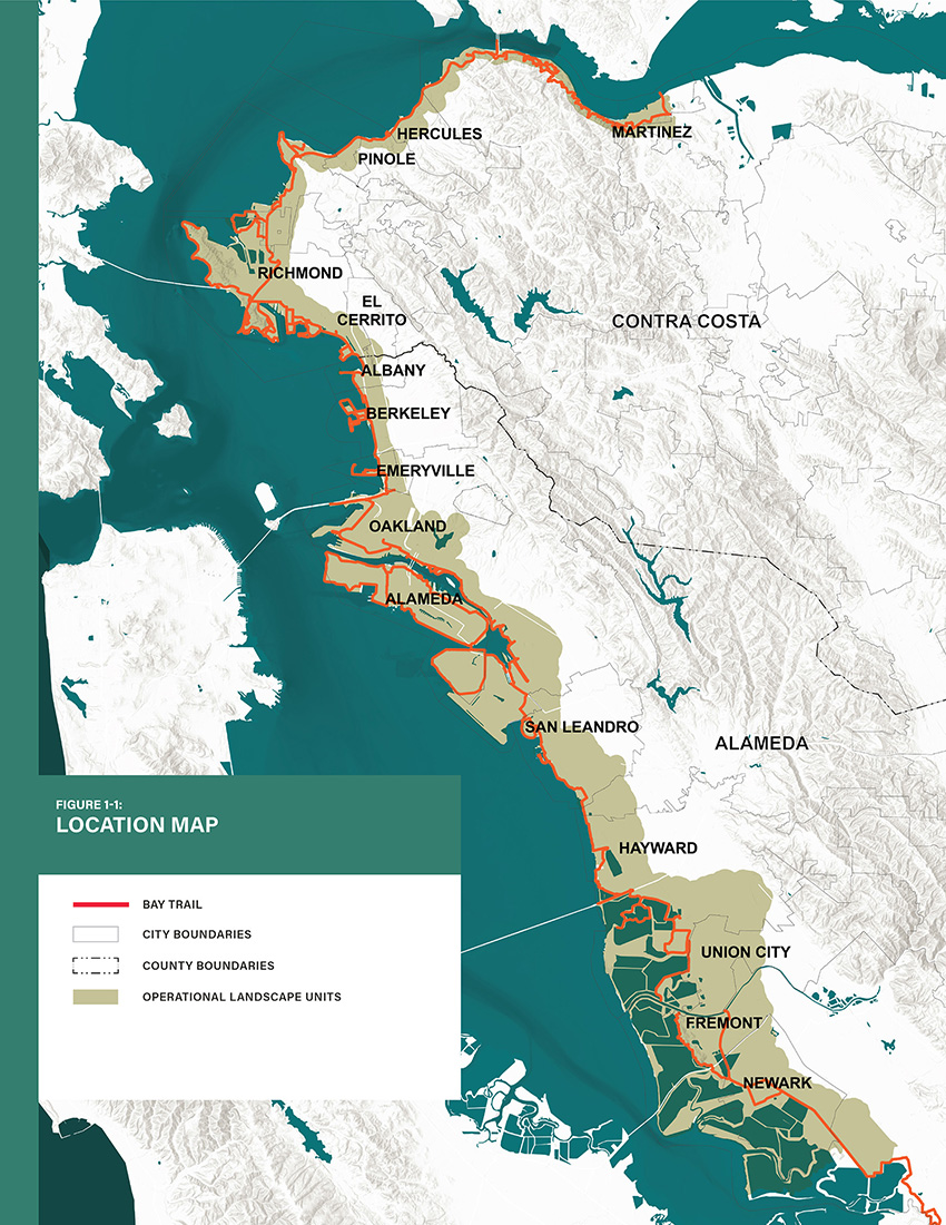  Map shows the San Francisco Bay Trail in Alameda and Contra Costa counties in California