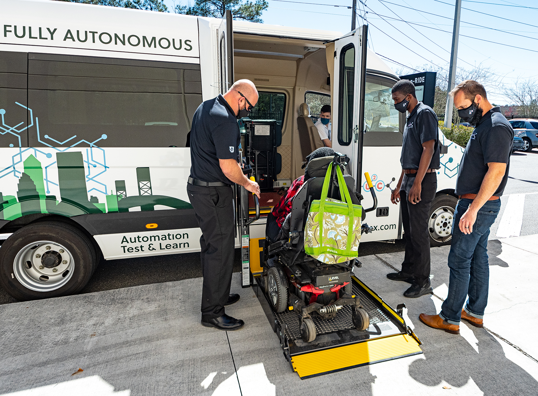 The Golden 20 list of requirements for the chosen autonomous vehicle includes full Americans with Disabilities Act compliance, a standard being tested here at the Jacksonville Transportation Authority’s Armsdale Test and Learn Facility. The list also demands a vehicle that is crashworthy up to 35 mph. (Image courtesy of Jacksonville Transportation Authority)