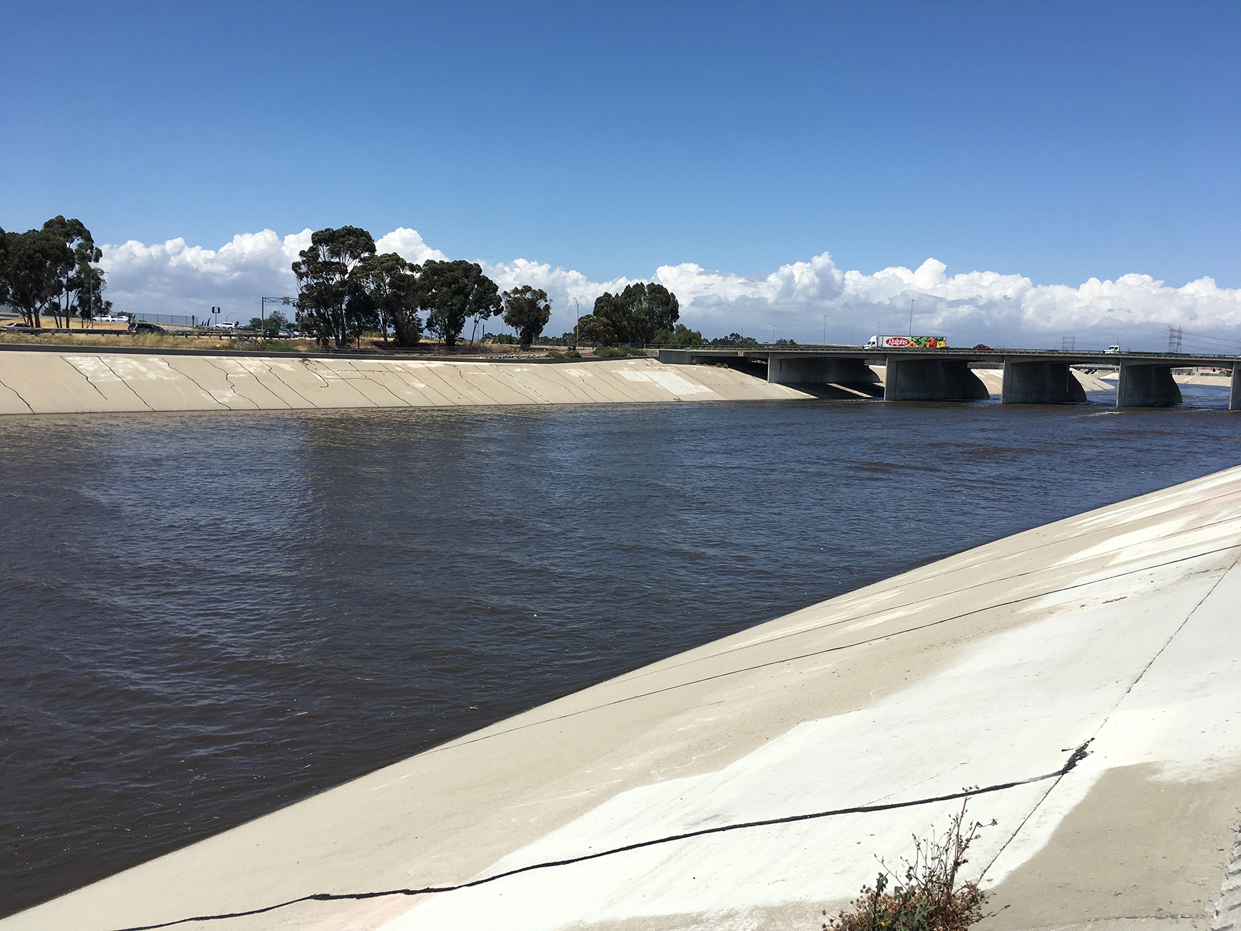 Significant increases in wastewater reuse and dry weather diversions would decrease the volume of treated effluent and untreated runoff entering the Los Angeles River, shown here above its confluence with Compton Creek, raising questions about potential effects on water quantity and quality. (Image courtesy of Jordyn Wolfand)