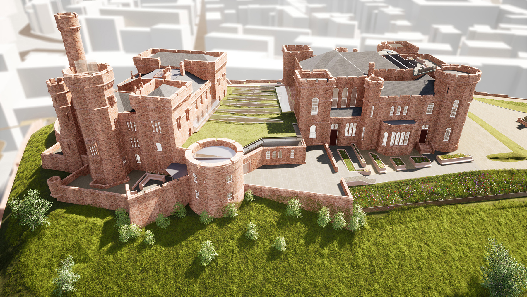 The two-building complex that constitutes Inverness Castle in the popular Highlands region of Scotland is being renovated to include a visitors center. (Rendering courtesy of LDN Architects LLP ©)