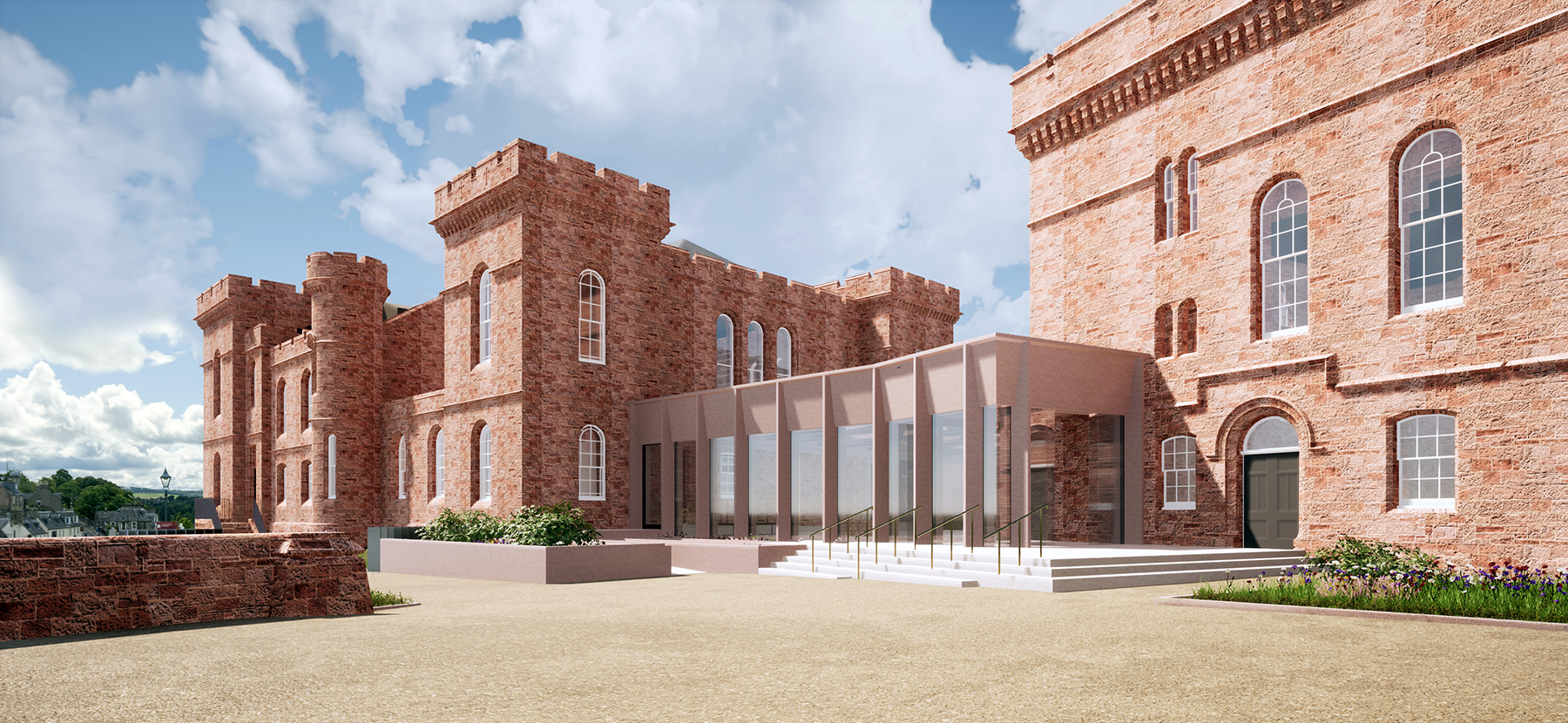 A new structure will link the castle’s existing buildings and serve as a central hub for the renovation. (Rendering courtesy of LDN Architects LLP ©)