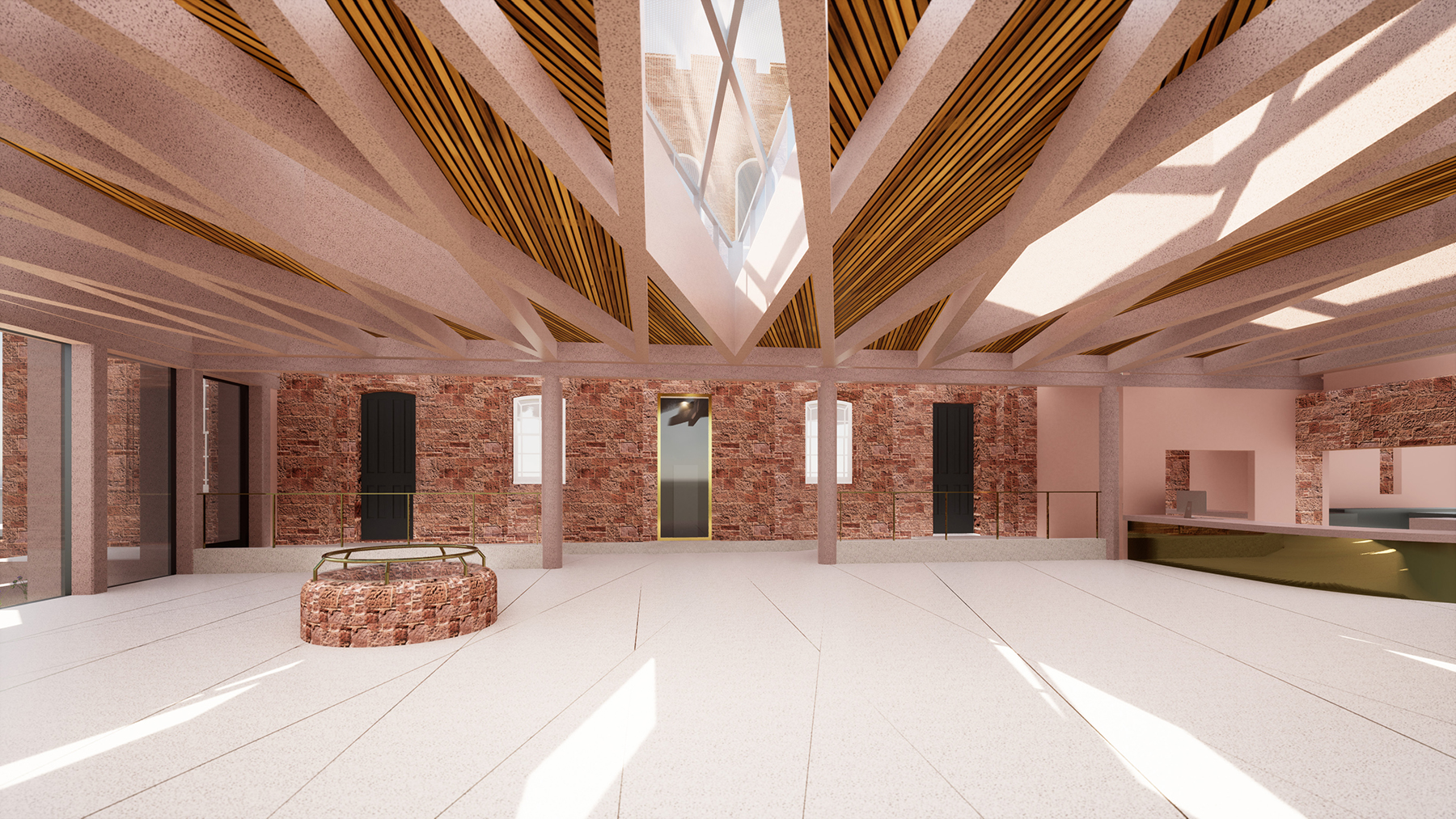 The ceiling of the new structure is formed by an intersecting series of concrete beams inspired by the diagonal saltire cross of Scotland’s flag. (Rendering courtesy of LDN Architects LLP ©)