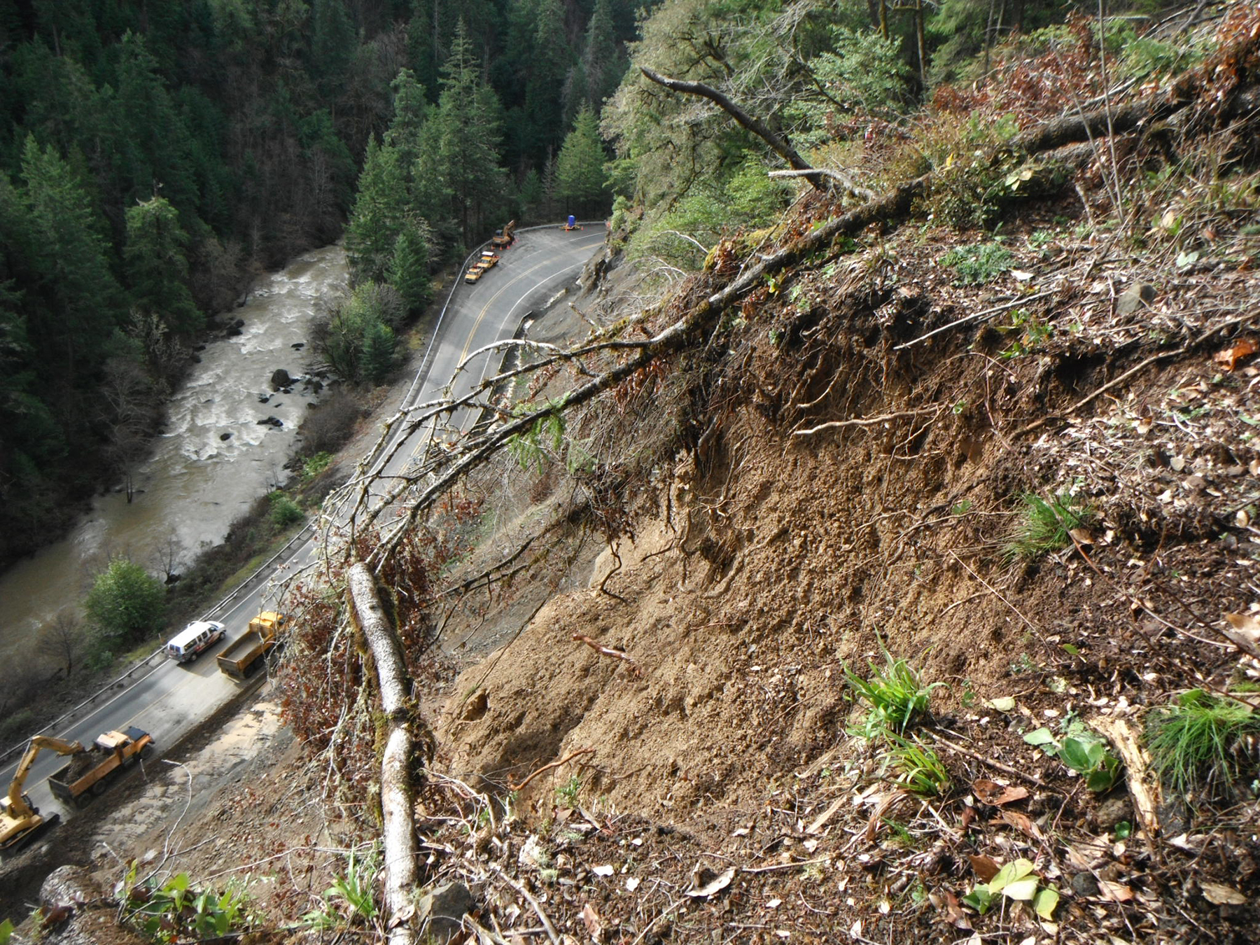 Landslides can accelerate for months or even years after an earthquake. Tools such as InSAR satellite imagery can help hazard mitigation managers better direct their resources and attention. (Photograph courtesy of Oregon Department of Transportation)