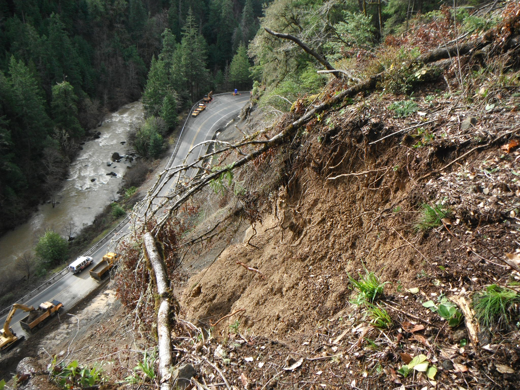 Landslides can accelerate for months or even years after an earthquake.  Tools such as InSAR satellite imagery can help hazard mitigation managers better direct their resources and attention. (Photograph courtesy of Oregon Department of Transportation)