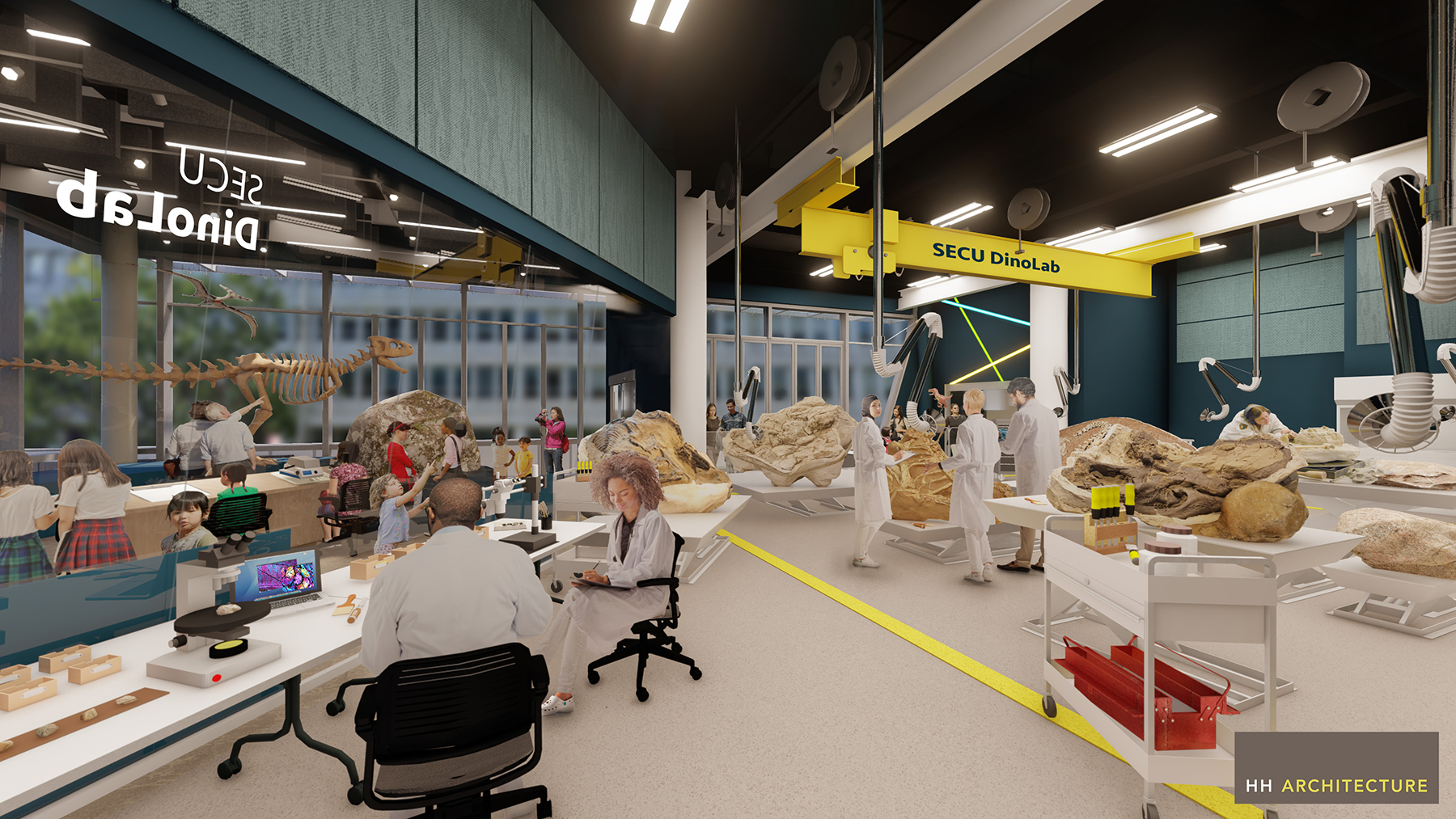 The state-of-the-art dinosaur laboratory will be open to the public so that visitors can interact with the fossils and meet members of the scientific team. (Rendering courtesy of HH Architecture)