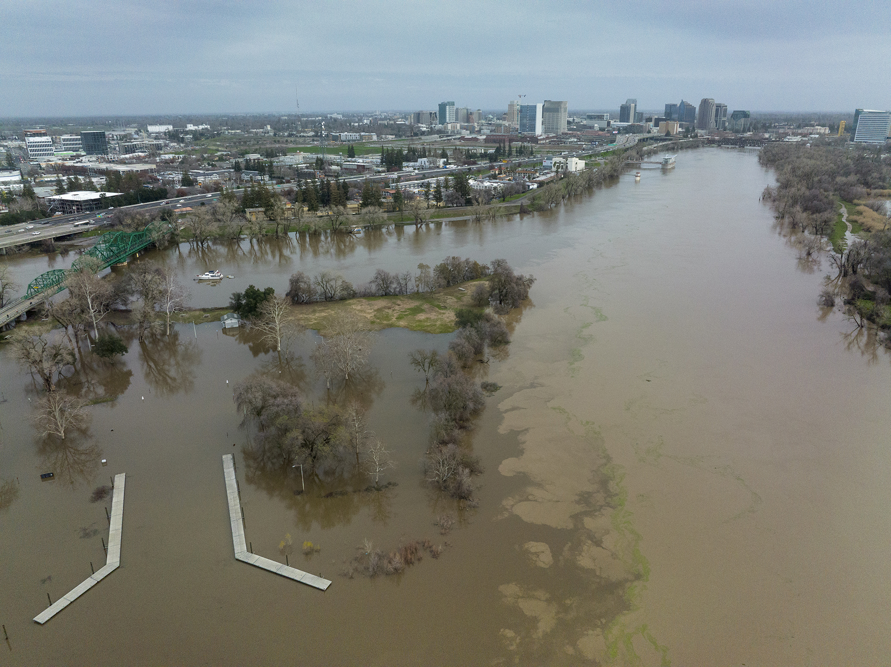 Discovery Park, near downtown Sacramento, California, is flooded by the American and Sacramento rivers on Jan. 9. (Image courtesy of Kenneth James/California Department of Water Resources)
