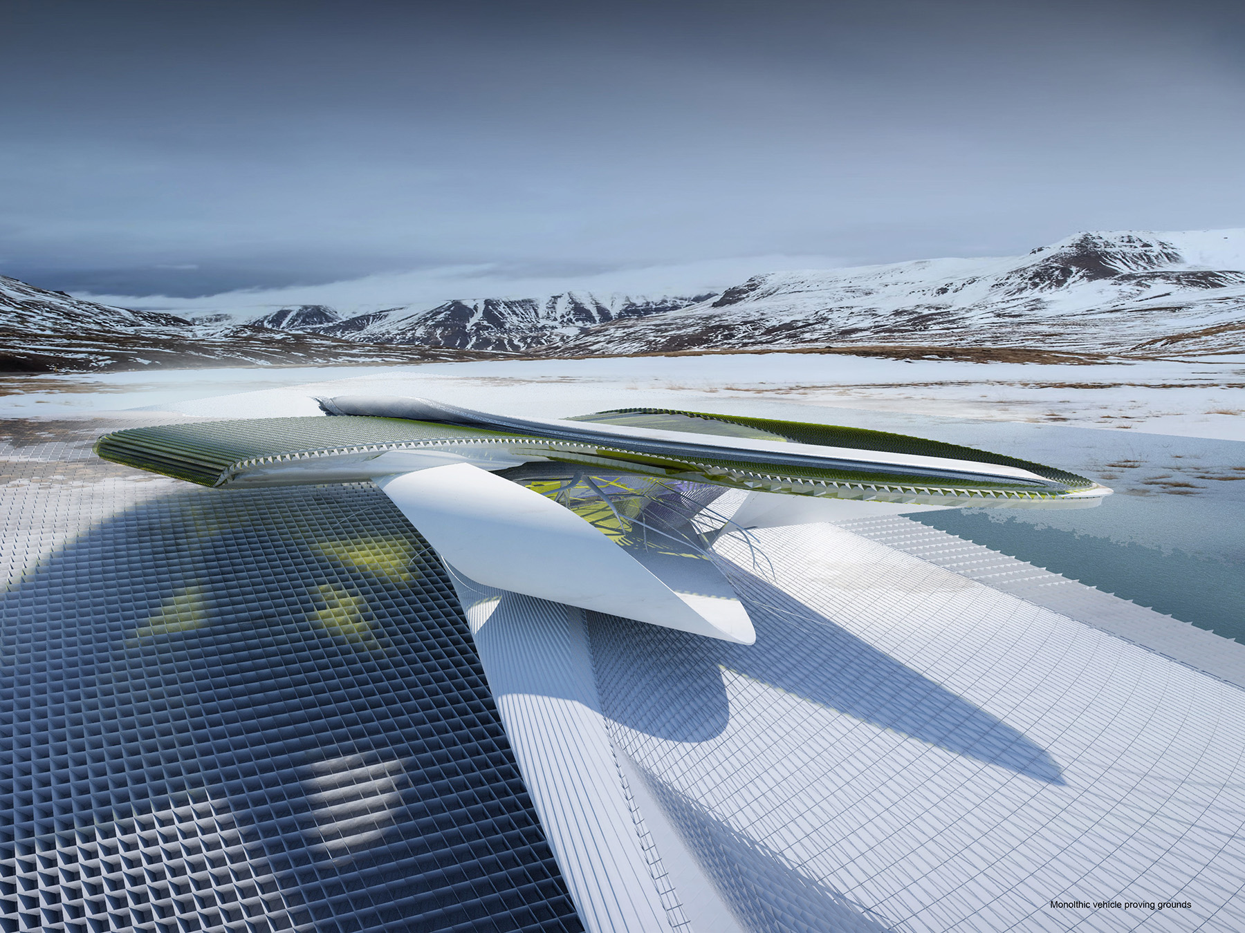 Image shows a multilevel irregular shaped structure that blends into the landscape.