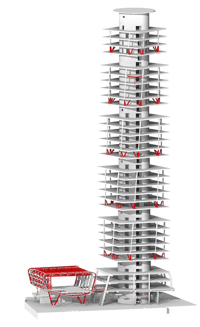 Figure shows cubes stacked on each other suspended from a central concrete core. 