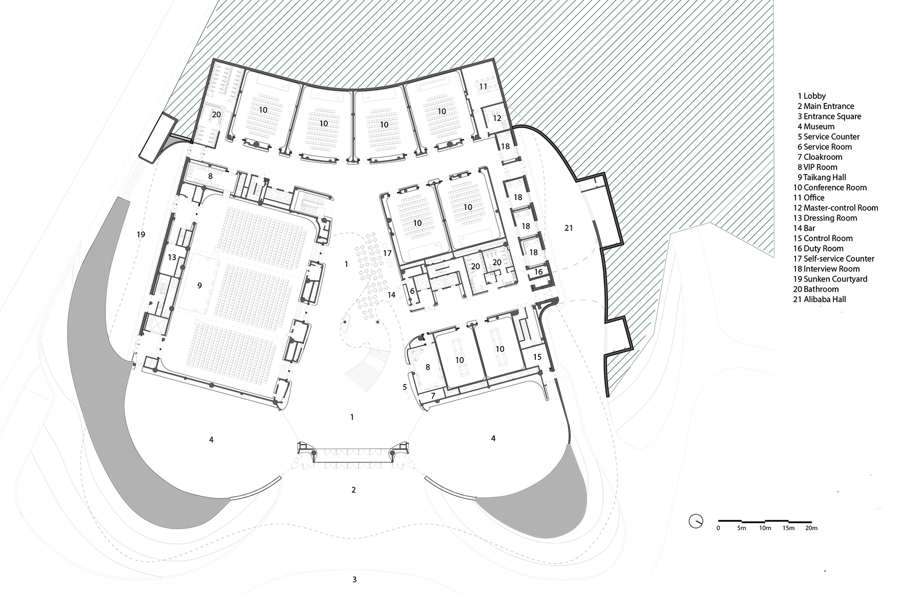 A drawing of the ground floor of a building including the lobby, museum, meeting rooms, and lobby. 