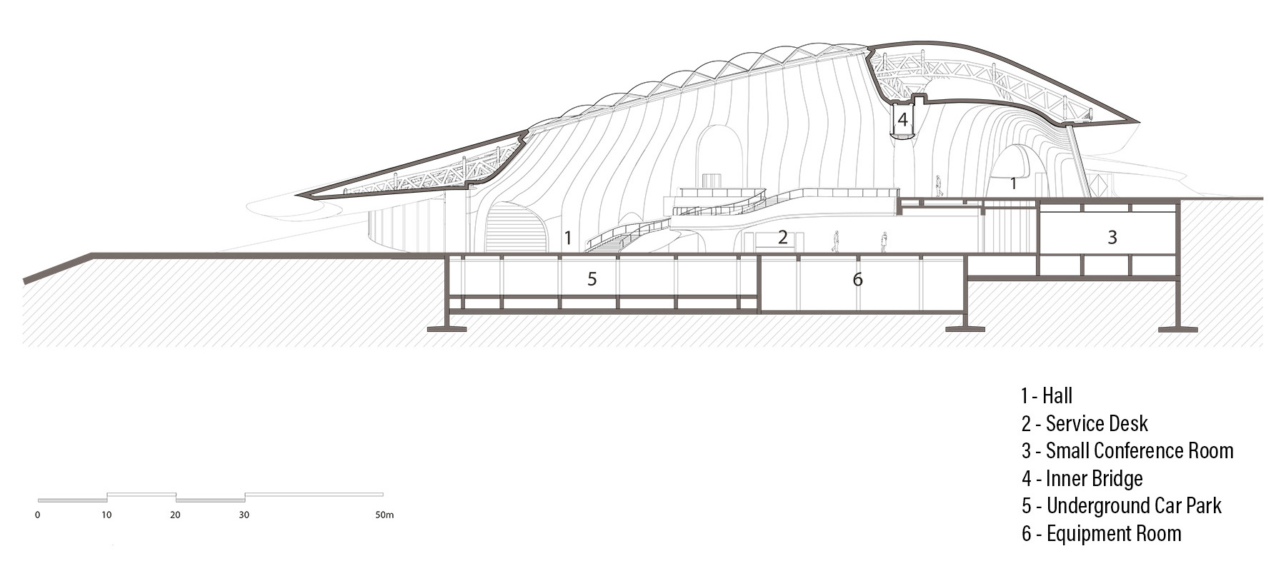 A drawing shows the section view of a building including the car park, hall, and equipment room. 