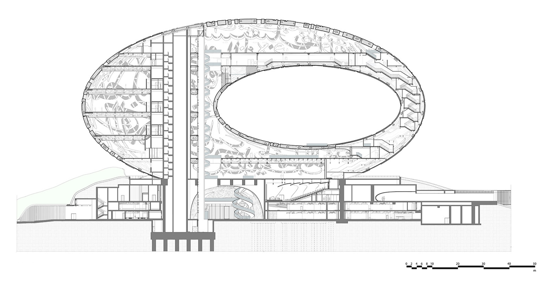Drawing shows a longitudinal section of a circular structure. 
