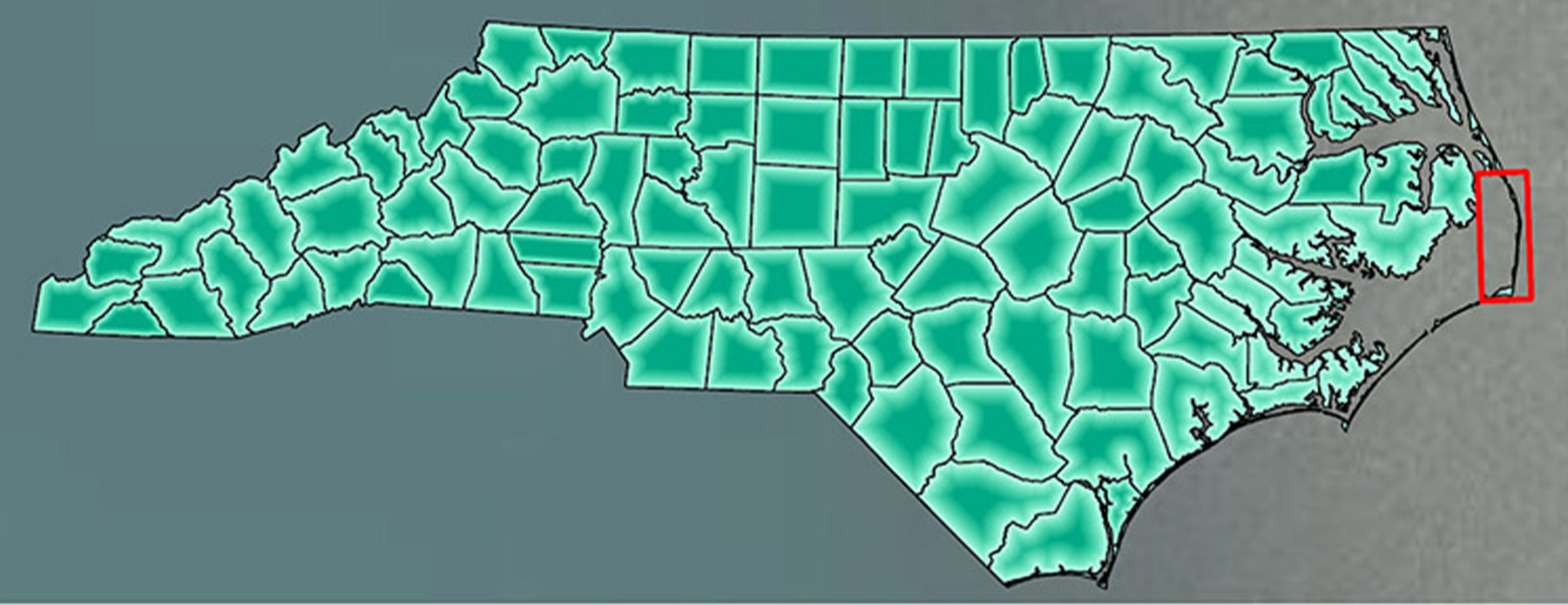 A map of North Carolina showing all the counties as well as the location of a new bridge. 