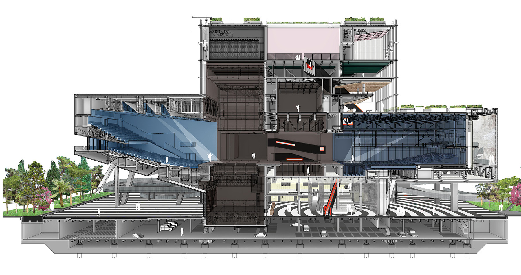 Image shows a section of two auditoria connected to a central cube. 