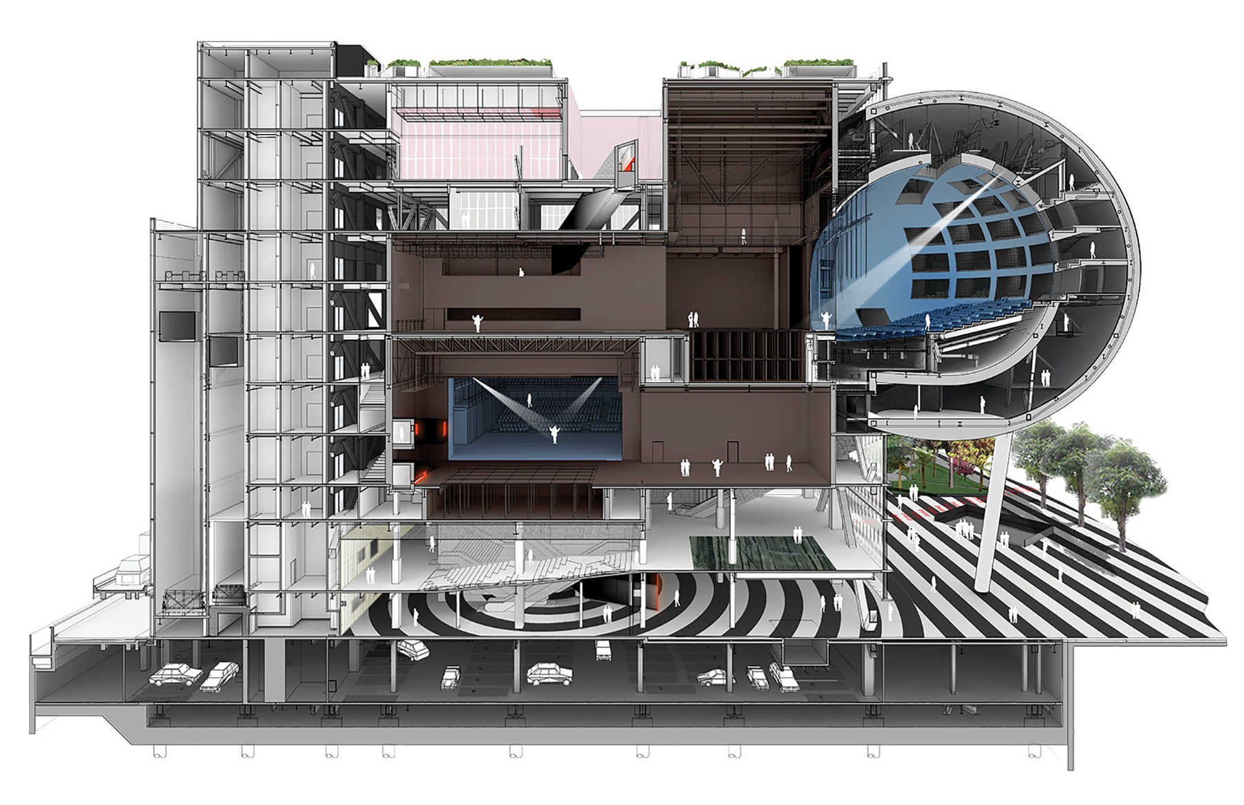 Image shows a section of a circular auditorium connected to a central cube.  