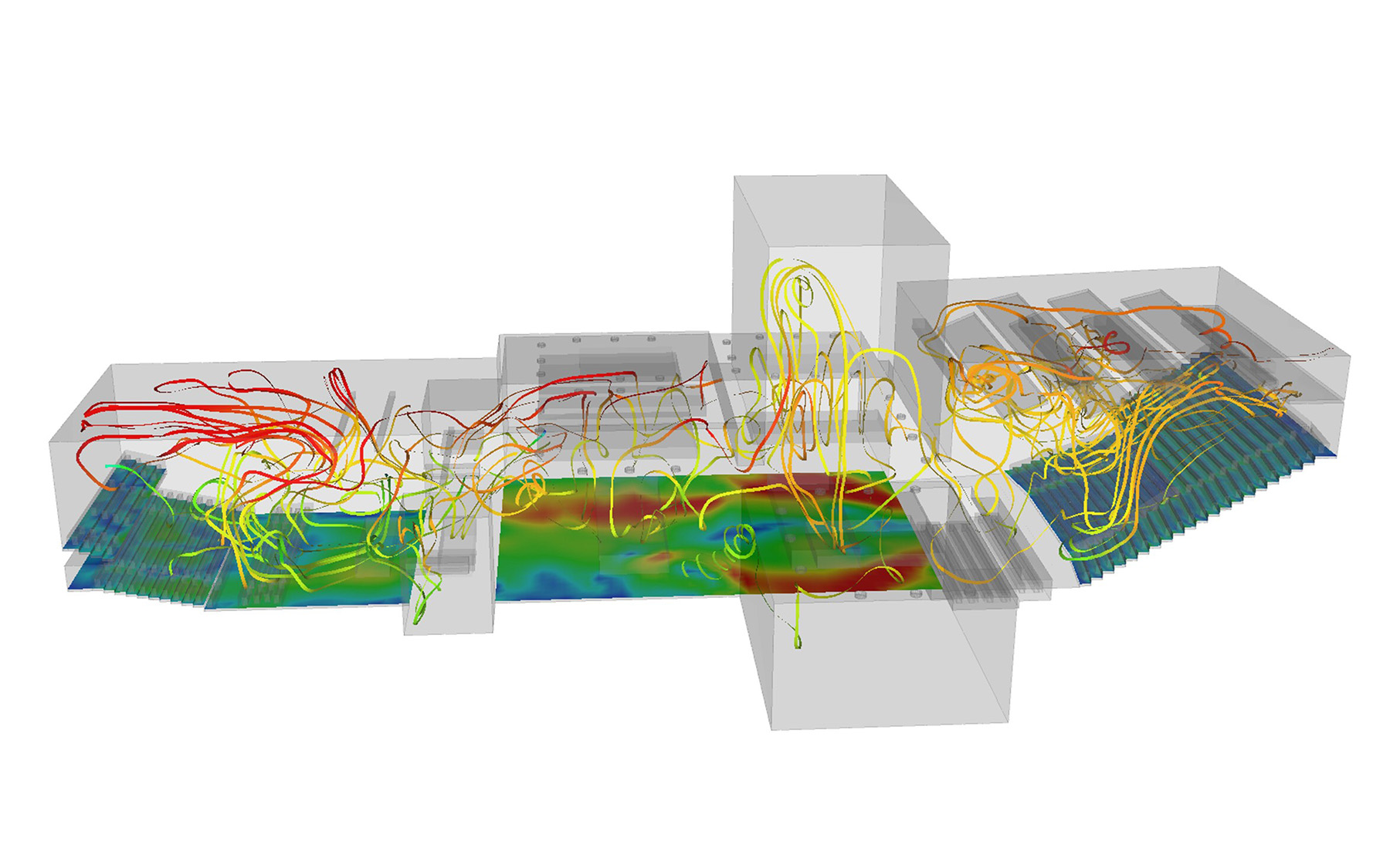 Multicolored image shows airflow dynamics analysis. 