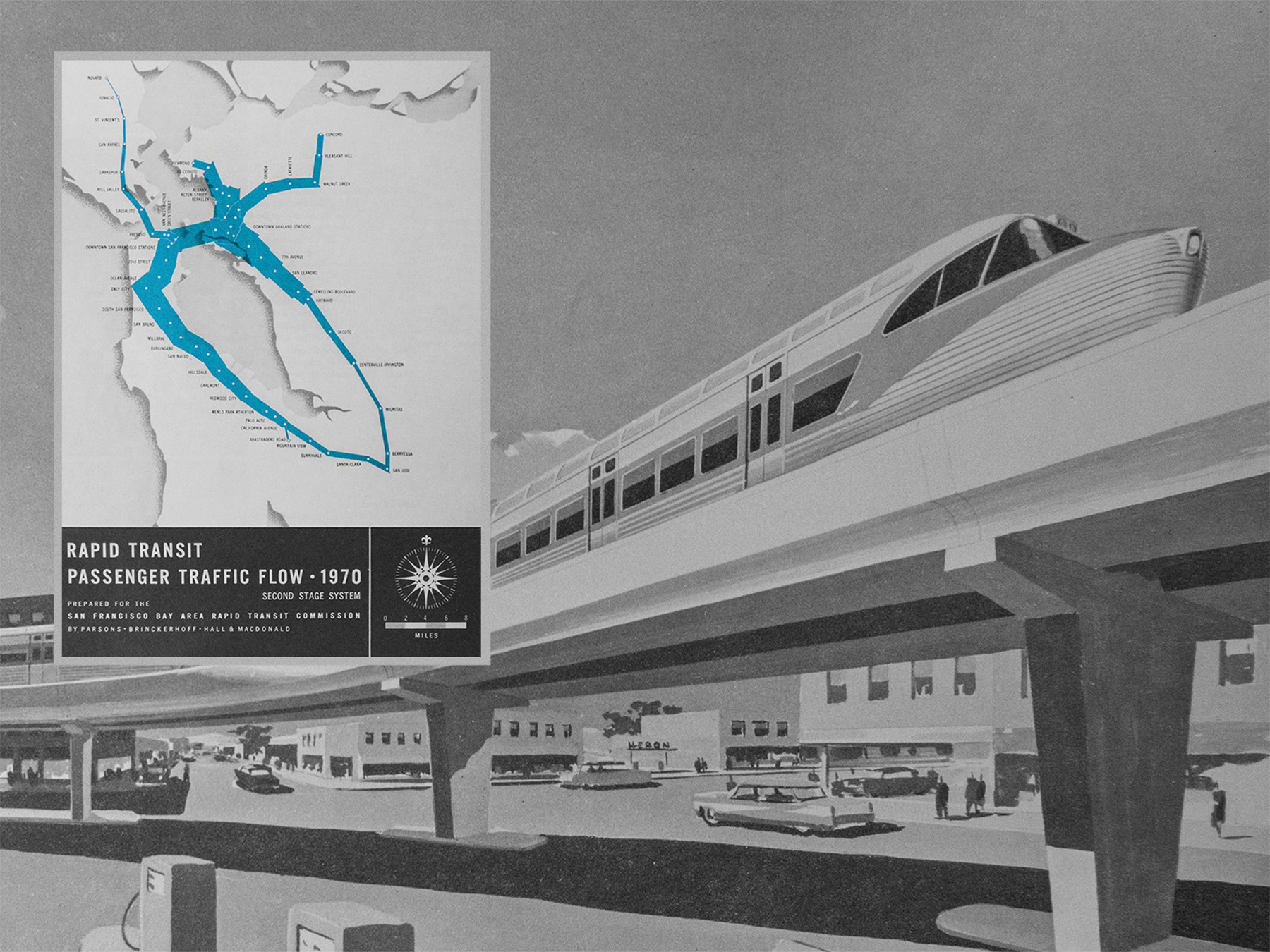 Black and white image shows a train on a raised track. There is a map showing transit stations on the left.