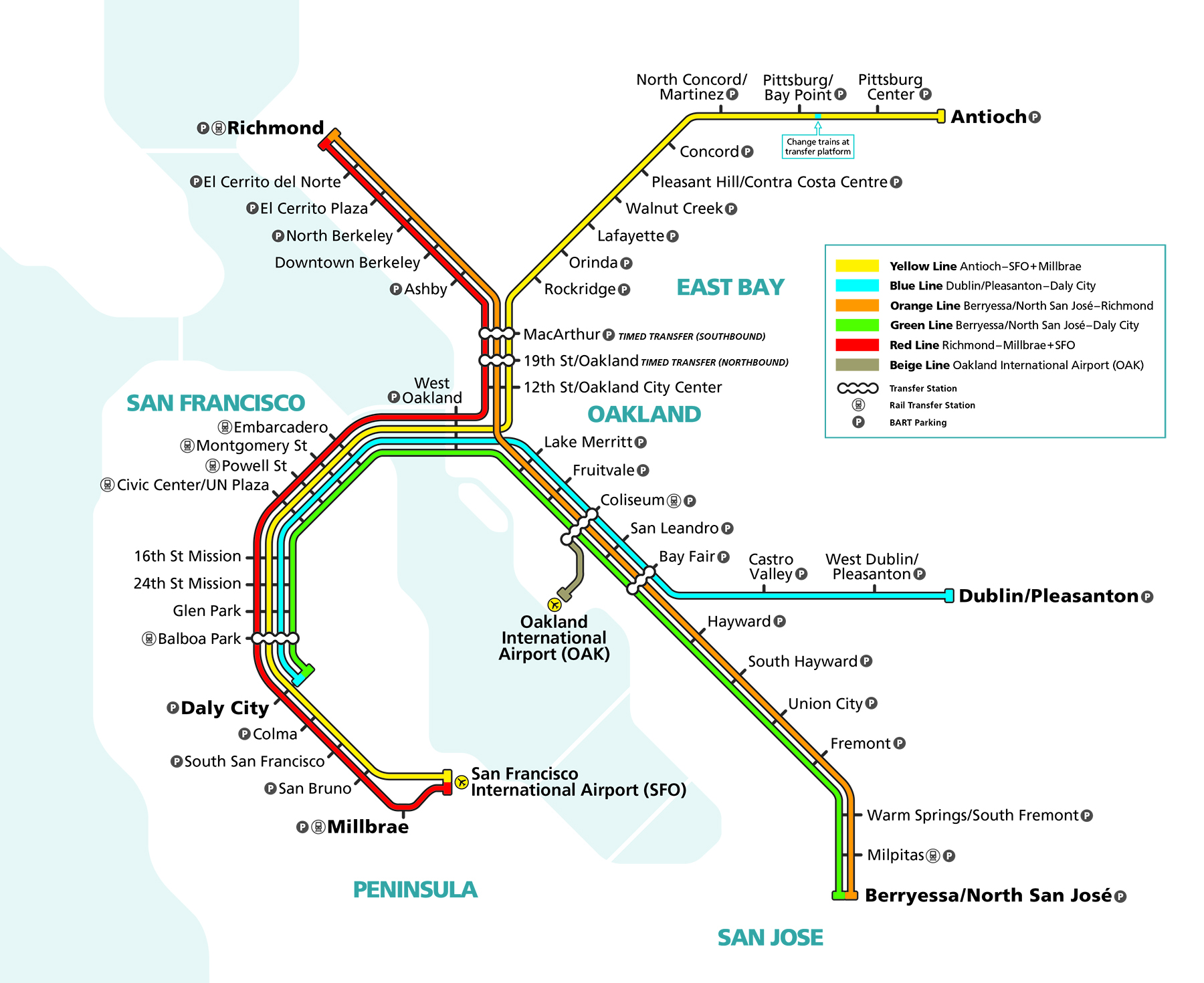 Map shows the BART transit system in present day