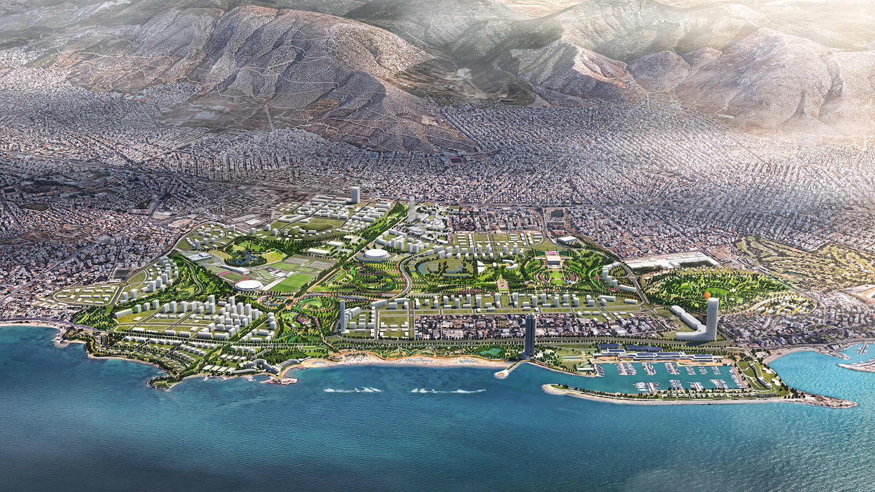 An aerial view of the development shows the Ellinikon Metropolitan Park in the center, housing near the coast, commercial and office space in the back, and a revamped athletic training complex (to the left of the park). (Rendering courtesy of Sasaki)