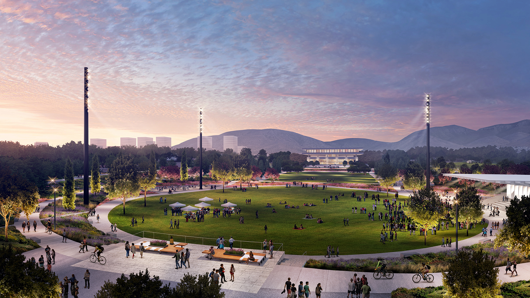 One of the old airport terminals was designed by famed Finnish-born architect Eero Saarinen. The structure, rendered in the background here, will be retained. (Rendering courtesy of Sasaki)