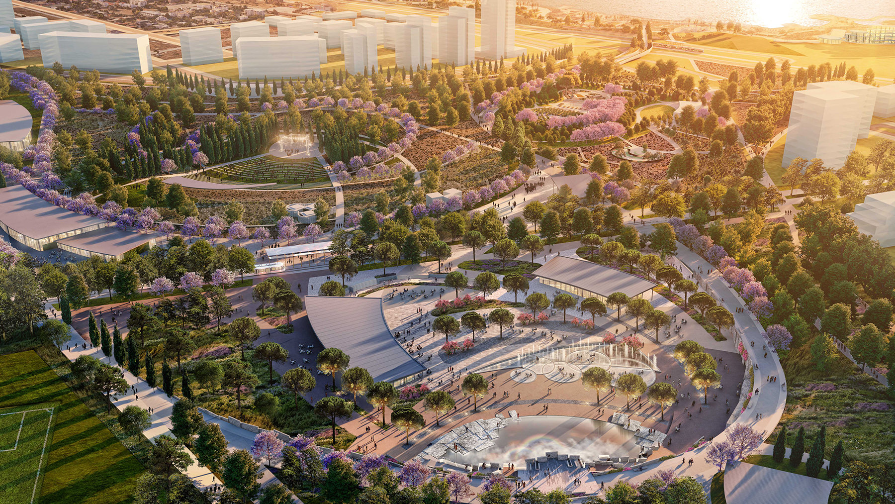 In a nod to the events of the 2004 Olympic Games that were held on the property, the Olympic Square — pictured here — will echo themes of the international games, including in a playground and waterfall. (Rendering courtesy of Sasaki)