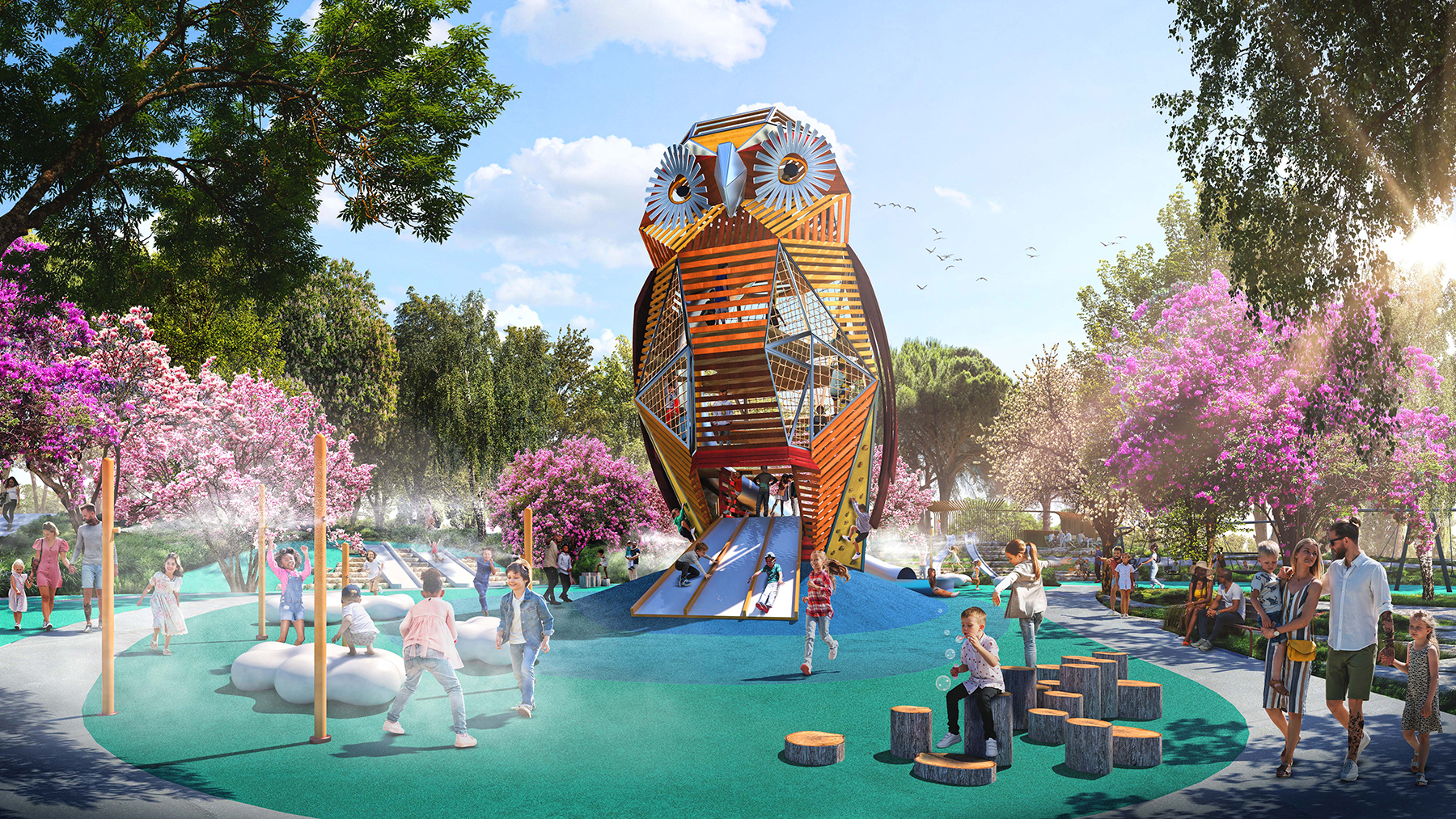 The themed play areas include the Athena Playground. Like other elements of the park — including plant species like Hyacinth, Daphne, and Narcissus — the area pays homage to Greek mythology. (Rendering courtesy of Sasaki)