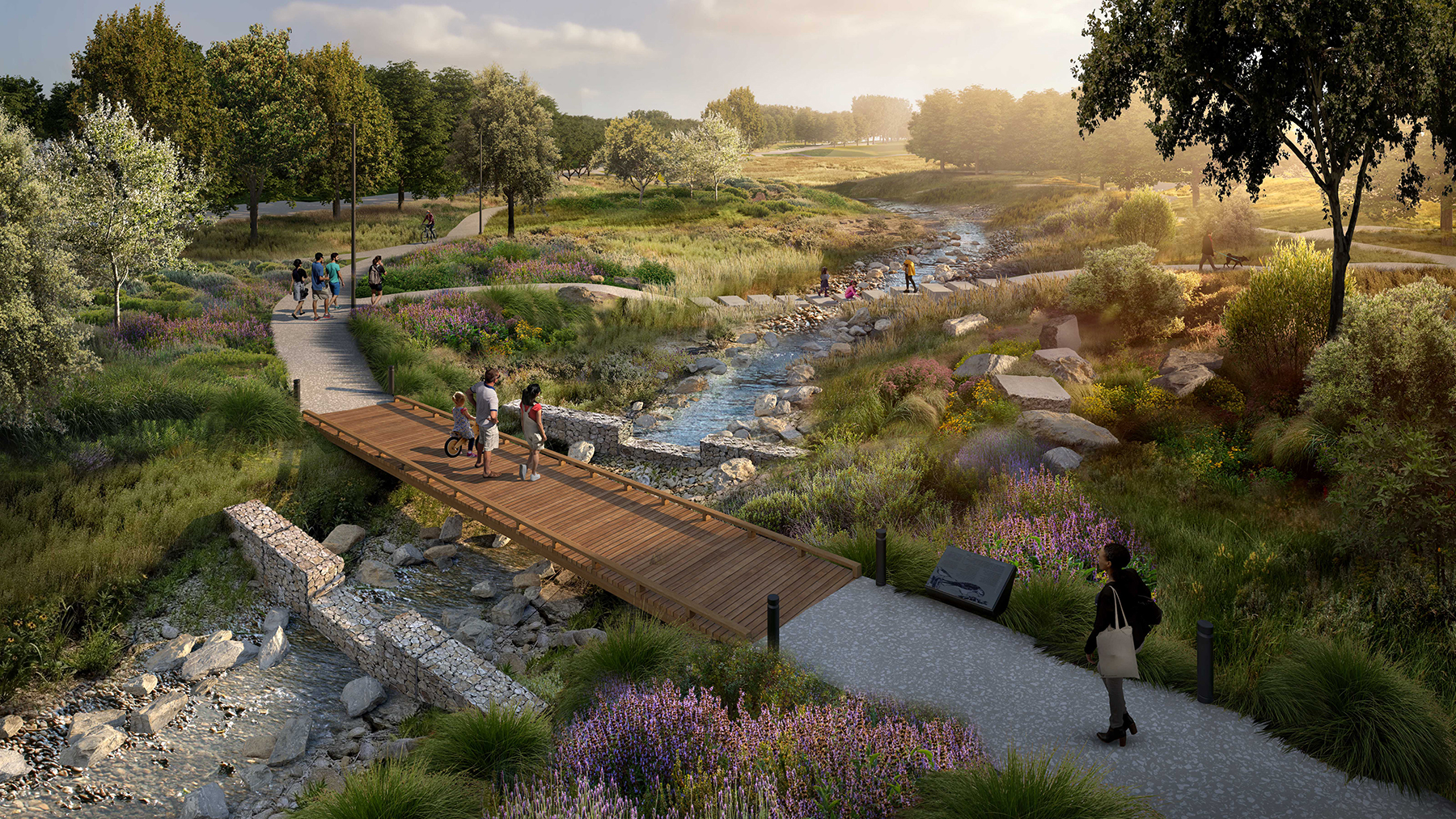 The larger of the two streams on the property, the Tracones Stream — pictured here — had its course altered for the sake of the airport. The park project will restore the stream’s edges. (Rendering courtesy of Sasaki)