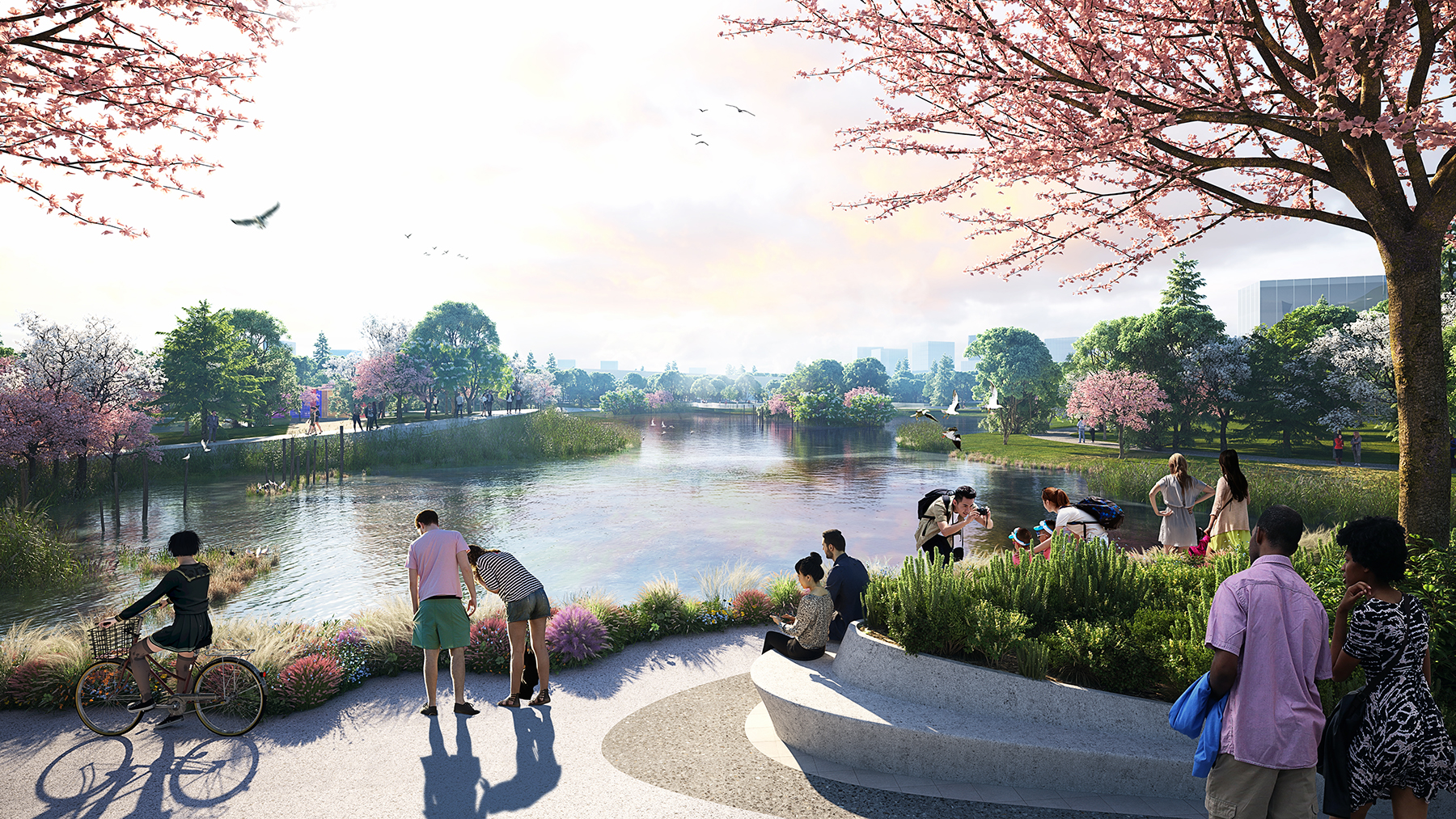 The former Olympic kayak center will become a lake that collects rain in the winter and dries out in the summer, save for the water volume needed to keep the bentonite liner functional. (Rendering courtesy of Sasaki)