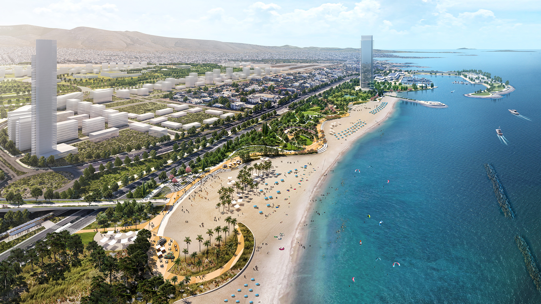Almost 2 km of coastline on the property serves as a public beach for visitors as well as megayacht marina, which is pictured in the back right. (Rendering courtesy of Sasaki)