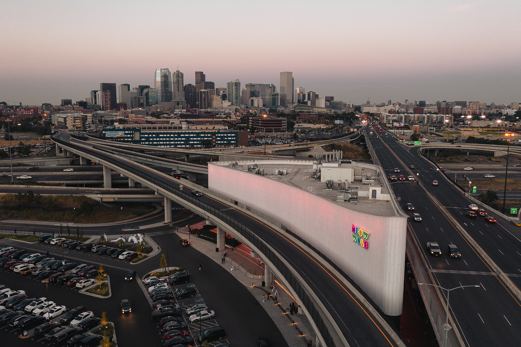 Meow Wolf is surrounded by elevated highways on all three sides. (Image courtesy of Parrish Ruiz de Velasco)